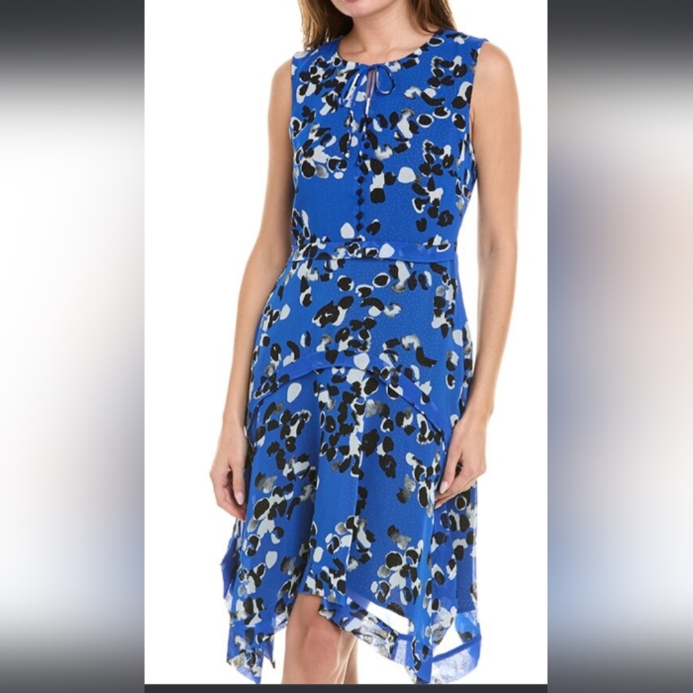 CAbi Dress Womens  Untamed Floral Blue Sleeveless Ruffle Polka Dot -Size S